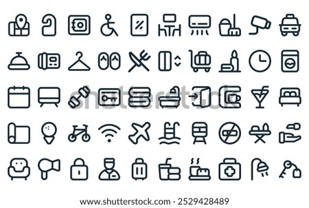 50 linear hotel icon pack. vector thin line bathtub, do not disturb, safebox, disable access, mirror, meeting room, air condition icons suitable for apps and websites ui designs.