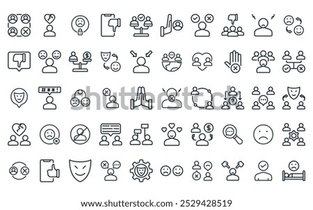 50 linear social relationship icon pack. vector thin line hate, broken heart, padlock, dislike, equal, exclude, choices icons suitable for apps and websites ui designs.