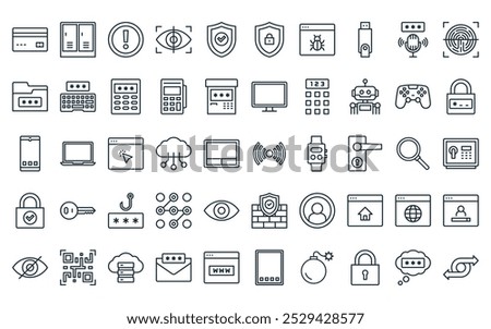 50 linear password icon pack. vector thin line wireless, locker, warning, retinal scanner, shield, security, bug icons suitable for apps and websites ui designs.