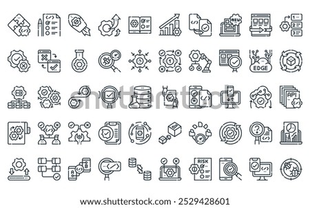 50 linear software testing icon pack. vector thin line contract, test, release, performance, testing, performance, test icons suitable for apps and websites ui designs.