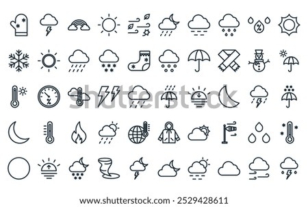 50 linear weather icon pack. vector thin line umbrella, lightning, rainbow, sun, wind, rainy night, haze icons suitable for apps and websites ui designs.