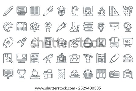 50 linear education and learning icon pack. vector thin line paperplane, tutorials, open book, ink pen, education, desk lamp, study icons suitable for apps and websites ui designs.