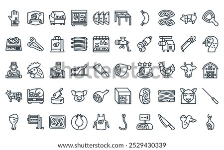 50 linear butcher shop icon pack. vector thin line ham leg, label, display case, refrigerator, ham, table, sausage icons suitable for apps and websites ui designs.