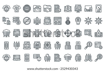 50 linear web hosting icon pack. vector thin line speed, cloud security, dns, folder, file backup, ssl, antivirus icons suitable for apps and websites ui designs.