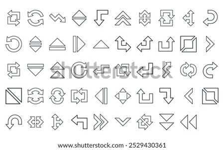 50 linear arrows icon pack. vector thin line left, loading, down right, up and down arrows, down, up chevron, loop icons suitable for apps and websites ui designs.