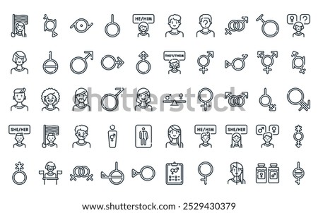 50 linear gender identity icon pack. vector thin line scales, genderfluid, epicene, gender neutral, him, man, gender identity icons suitable for apps and websites ui designs.