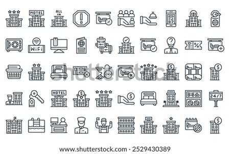 50 linear hotel management icon pack. vector thin line cancel, motel, all inclusive, restricted area, discount, loyalty, room service icons suitable for apps and websites ui designs.