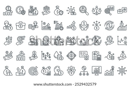 50 linear investment icon pack. vector thin line capital, fixed income, real estate, passive income, investment, diversification, risk icons suitable for apps and websites ui designs.