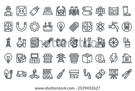 50 linear electrical engineering icon pack. vector thin line extension cable, socket, wire, thimble, power plant, cooling tower, switch icons suitable for apps and websites ui designs.