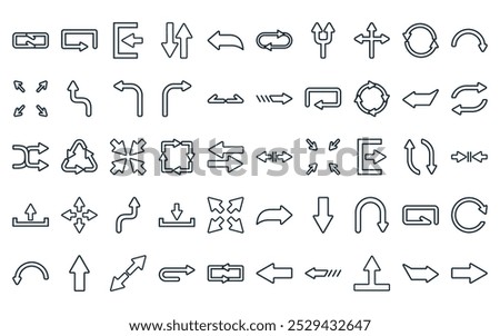 50 linear arrow icon pack. vector thin line increase, repeat, login, up and down, left, loop, junction icons suitable for apps and websites ui designs.