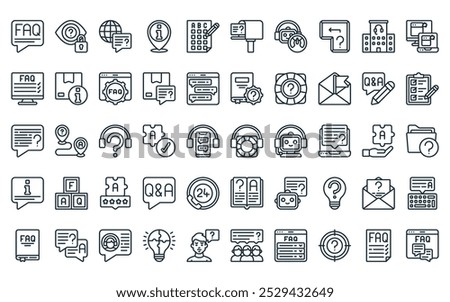 50 linear faq icon pack. vector thin line help, private, message, information, multiple choice, mailbox, chatbot icons suitable for apps and websites ui designs.