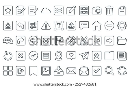 50 linear ui icon pack. vector thin line block, written paper, write, cloud, list, edit, expand icons suitable for apps and websites ui designs.