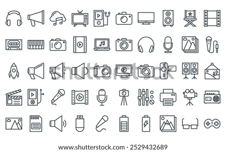 50 linear multimedia icon pack. vector thin line video player, megaphone, music cloud, tv, mp, camera, tv icons suitable for apps and websites ui designs.