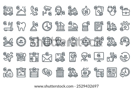 50 linear hour service icon pack. vector thin line atm, room service, phone, cctv, call center agent, firefighter, call center icons suitable for apps and websites ui designs.