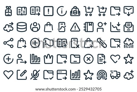 50 linear basic ui icon pack. vector thin line smartphone payment, agenda, book circle arrow right, checkbox, faq, backpack, shopping and commerce icons suitable for apps and websites ui designs.