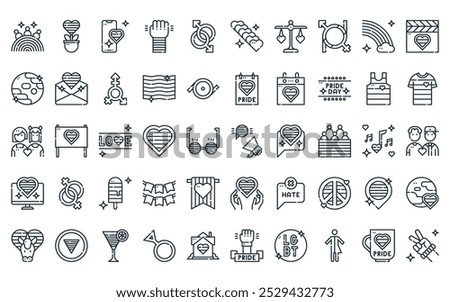 50 linear world pride day icon pack. vector thin line megaphone, sprout, smartphone, fist, gay, rainbow, equal icons suitable for apps and websites ui designs.