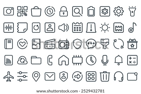 50 linear smart ui icon pack. vector thin line security, qr code, store, history, lock, find, battery icons suitable for apps and websites ui designs.