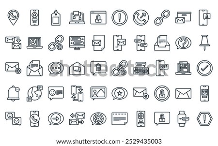 50 linear messagging and communication icon pack. vector thin line add, contact, label, laptop, website,  , phone call icons suitable for apps and websites ui designs.