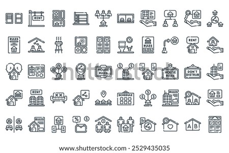 50 linear shared housing icon pack. vector thin line collect, rent, mood board, bunk bed, shared housing, garage, house icons suitable for apps and websites ui designs.