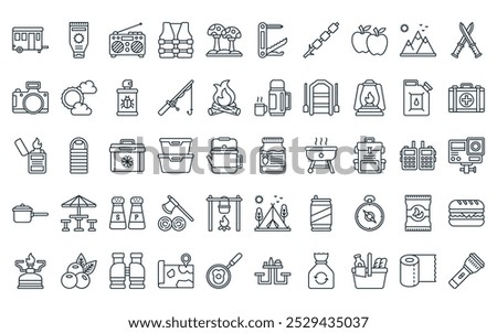 50 linear camping icon pack. vector thin line jam, sunscreen, radio, life vest, mushrooms, swiss army knife, marshmallow icons suitable for apps and websites ui designs.