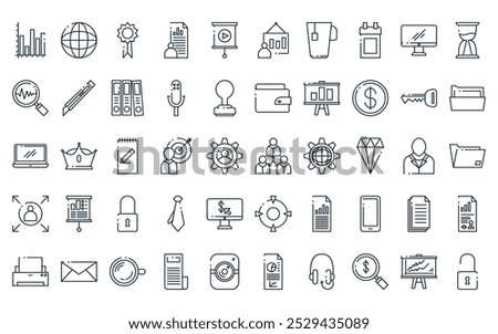 50 linear business icon pack. vector thin line team business,  , award variant, file, play circle, presentations, tea chai icons suitable for apps and websites ui designs.