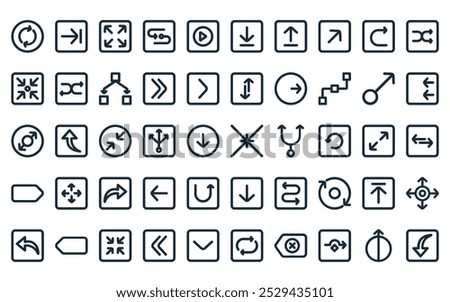 50 linear arrows set icon pack. vector thin line center align, next, expand, curved arrow, play button, download, upload icons suitable for apps and websites ui designs.