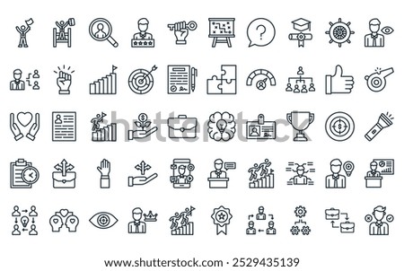 50 linear leadership icon pack. vector thin line brainstorm, ladder, searching, rate, key, strategy development, question icons suitable for apps and websites ui designs.