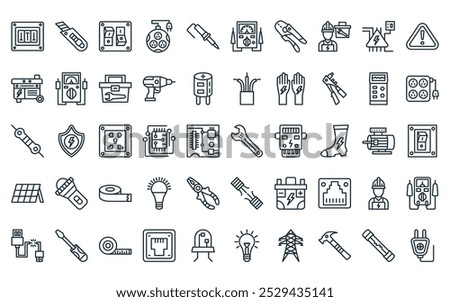 50 linear electrician tools icon pack. vector thin line wrench, cutter, on off, power strip, soldering iron, voltmeter, crimping pliers icons suitable for apps and websites ui designs.