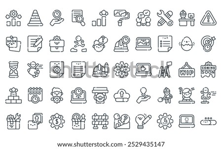 50 linear work in progress icon pack. vector thin line update, cone, time, report, steps, roller paint, agreement icons suitable for apps and websites ui designs.