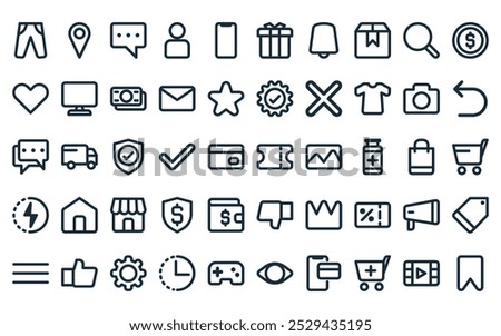 50 linear ecommerce and shopping icon pack. vector thin line voucher, pin map, chat balloon, profile avatar, phone, gift box, bell alarm icons suitable for apps and websites ui designs.