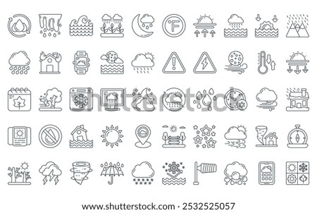 50 linear weather icon pack. vector thin line partly, melting, water waves, rain, rainy night, temperature, sunrise icons suitable for apps and websites ui designs.