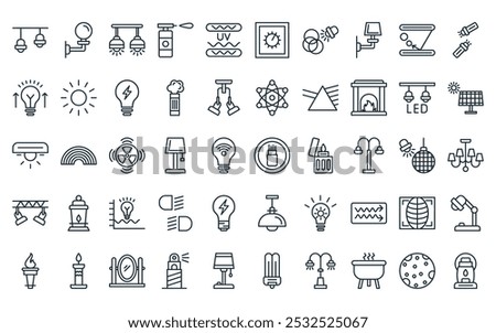 50 linear lighting icon pack. vector thin line optics, wall lamp, ceiling lamp, blowtorch, ultraviolet, dimmer, rgb icons suitable for apps and websites ui designs.