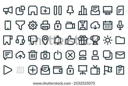 50 linear essentials ui icon pack. vector thin line thumb, pie chart, house, folder, pause, pin, graph icons suitable for apps and websites ui designs.