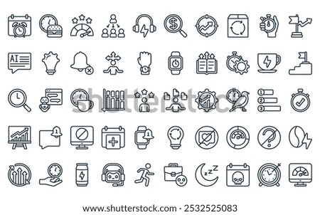 50 linear productivity icon pack. vector thin line multitasking, lunch break, good feedback, hierarchy, headphones, market research, improvement icons suitable for apps and websites ui designs.