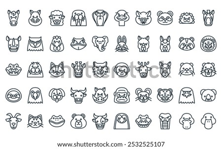 50 linear animal icon pack. vector thin line monkey, pig, sheep, walrus, cobra, ostrich, bat icons suitable for apps and websites ui designs.