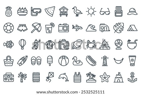 50 linear summer holiday icon pack. vector thin line conch shell, banana split, diving mask, watermelon, beach hut, seagull, sun icons suitable for apps and websites ui designs.