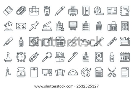 50 linear office stationery icon pack. vector thin line ruler, paper clip, briefcase, pencil holder, pencil, paper shredder, pencil sharpener icons suitable for apps and websites ui designs.