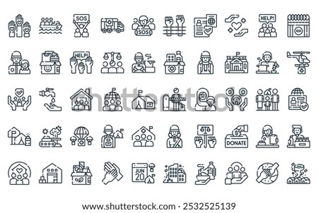 50 linear world refugee day icon pack. vector thin line border, boat, sos, humanitarian help, demonstration, survival, documents icons suitable for apps and websites ui designs.