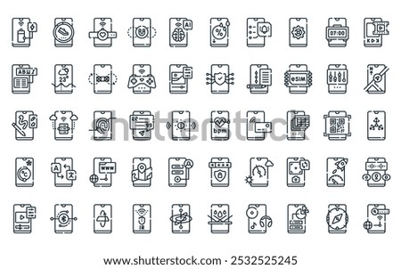 50 linear devices applications icon pack. vector thin line heart rate, step detector, smartwatch, magnetometer, ai, humidity, reminder icons suitable for apps and websites ui designs.