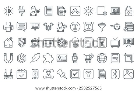 50 linear basic ui collection. icon pack. vector thin line bulb, plug, favorite, book, add document, stars, sun icons suitable for apps and websites ui designs.