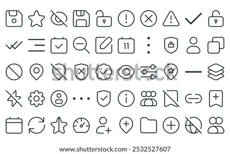 50 linear user interface icon pack. vector thin line eye, star, eye, save, open lock, alert, cross icons suitable for apps and websites ui designs.