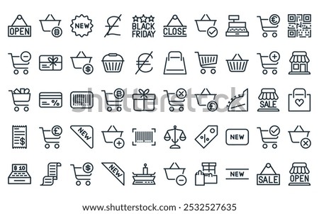 50 linear shopping icon pack. vector thin line  , bitcoin, new, pound,  close, done icons suitable for apps and websites ui