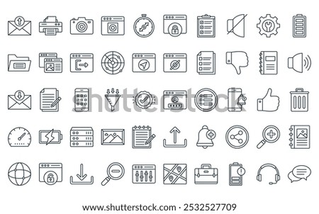 50 linear basic elements icon pack. vector thin line login, printer, camera, view, compass, locked, shopping list icons suitable for apps and websites ui designs.