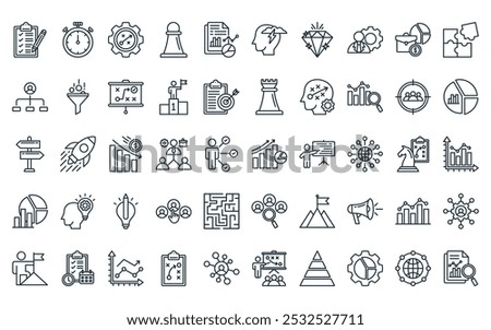 50 linear strategy icon pack. vector thin line progress, stopwatch, ting, pawn, report, brainstorming, diamond icons suitable for apps and websites ui designs.