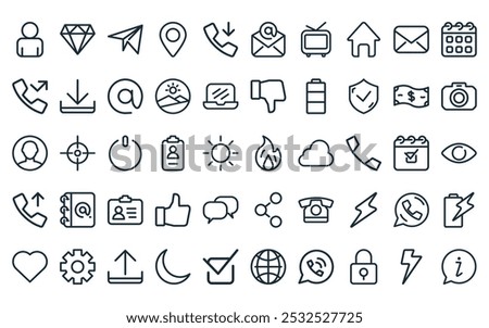 50 linear user interface icon pack. vector thin line fire, diamond, origami plane, pin holder, call in, email, old tv icons suitable for apps and websites ui designs.