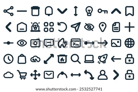 50 linear ui icon pack. vector thin line coding, substract, delete, bell, down, resize, bulb icons suitable for apps and websites ui designs.