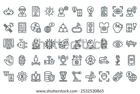 50 linear futuretechnology icon pack. vector thin line industrial, person, page, solar energy, man, mobile, bulb icons suitable for apps and websites ui designs.