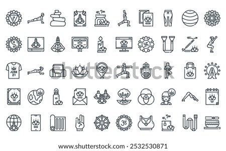 50 linear international day of icon pack. vector thin line yoga pose, yoga pose, hot stones, poster, burner, yoga pose, brochure icons suitable for apps and websites ui designs.