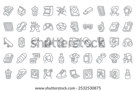 50 linear teenager icon pack. vector thin line cards, milk box, drink, portrait, bro, love letter, chewing gum icons suitable for apps and websites ui designs.