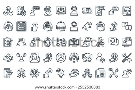 50 linear customer service icon pack. vector thin line online service, authenticity, review, placeholder, user experience, help desk, support ticket icons suitable for apps and websites ui designs.